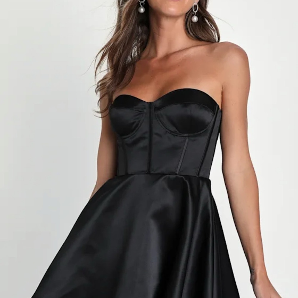Chic Fantasy Black Satin Strapless Bustier Mini Skater Dress